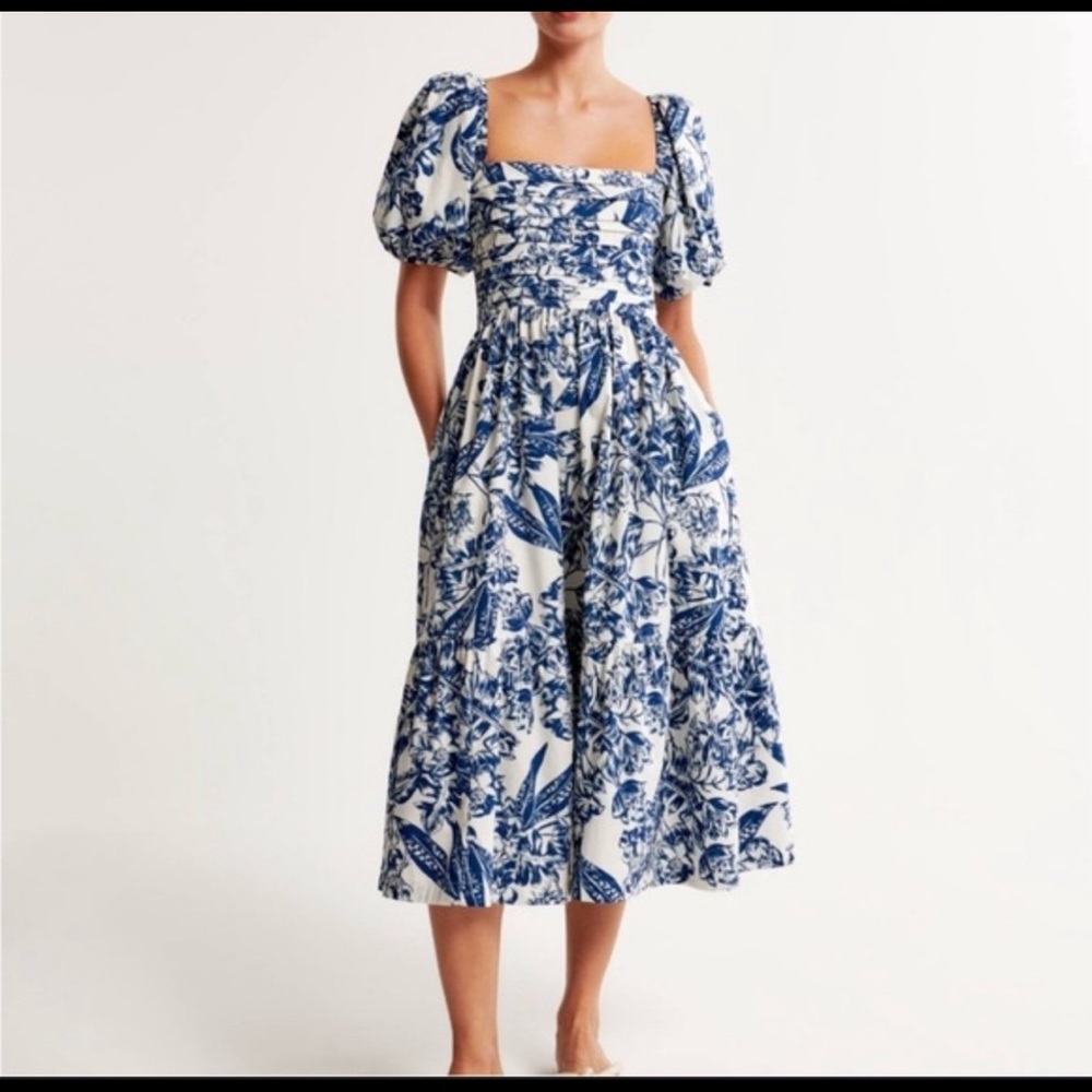 Blue and White Floral Midi Dress